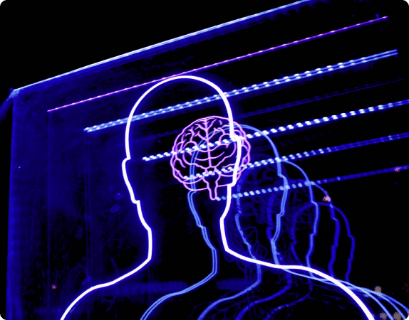 A neon sign of a man with his brain glowing