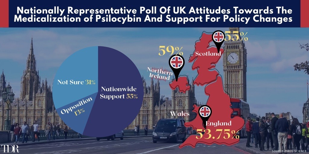 A graph showing a Poll in the UK voting on attitude towards the medicalization of psilocybin and support for policy changes