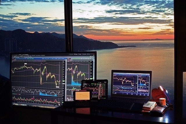 A forex chart on a screen with a beautiful background overlooking a sunset bay